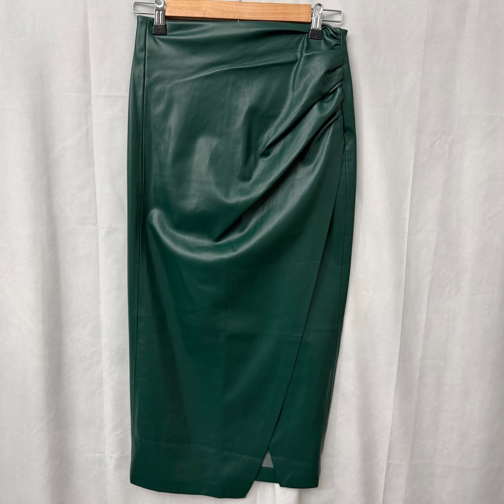 Jason Wu Green Faux Leather Ruched Draped Midi Skirt WT4256-300-6PA Size M